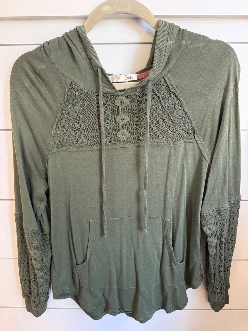Indigo Olive Green Crochet-Yoke Hooded Pullover